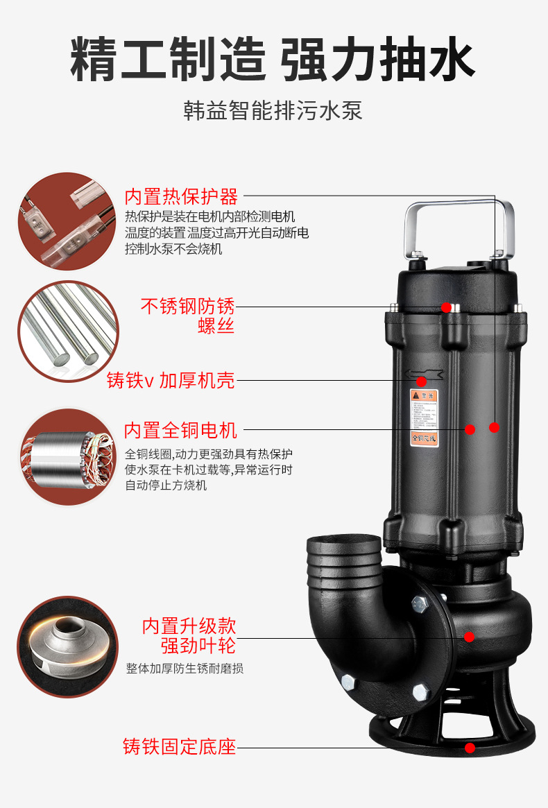 进口大流量污水泵农用220V化粪池工业泥浆下水道排污高扬程380V潜水泵(图5)