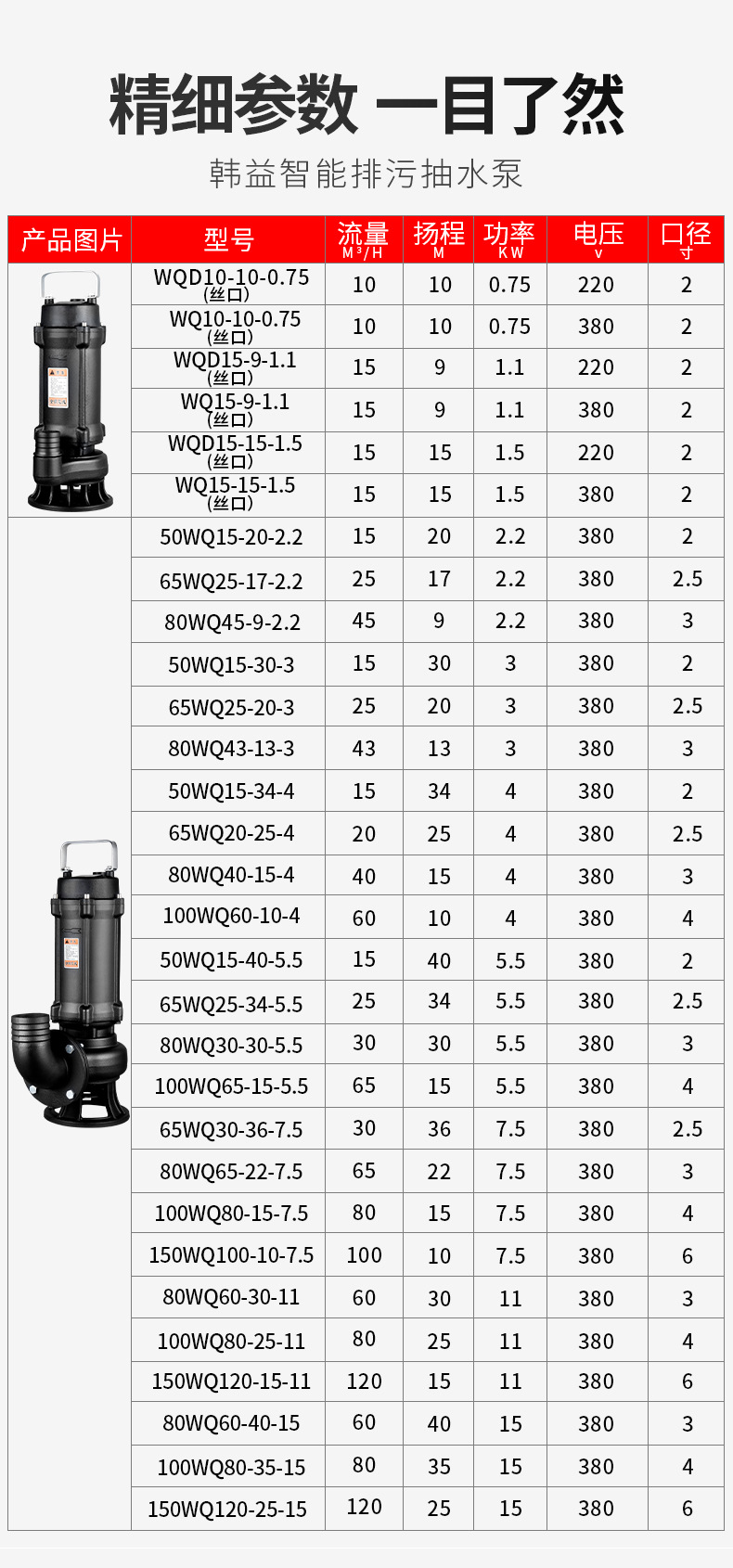 进口大流量污水泵农用220V化粪池工业泥浆下水道排污高扬程380V潜水泵(图13)