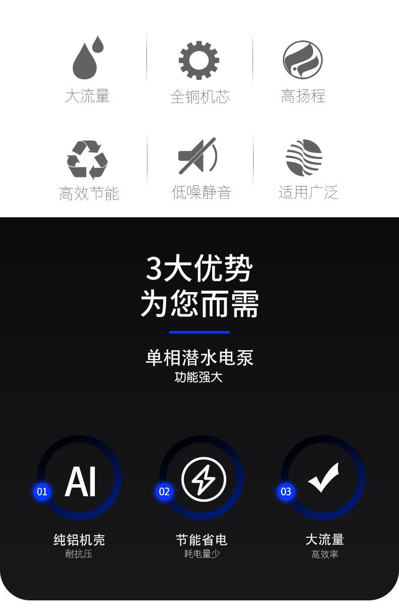 进口潜水泵220V污水泵家用抽水小型抽水机高扬程农用大流量灌溉排污泵(图2)
