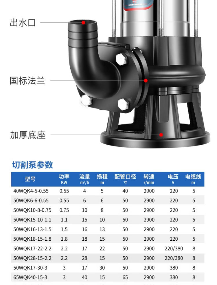 进口污水泵家用220V养殖切割式抽粪泥浆排污泵不锈钢高扬程潜水切割泵(图19)