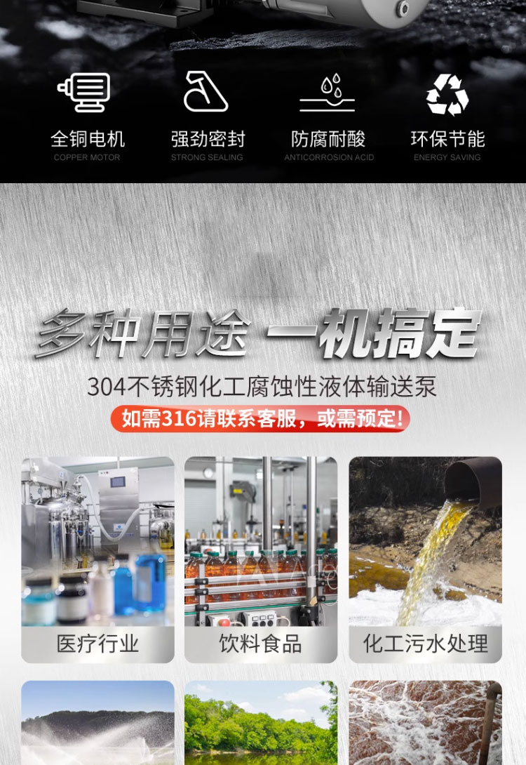 进口管道增压泵316不锈钢工业耐腐蚀水泵耐酸碱排污离心泵化工水泵(图2)
