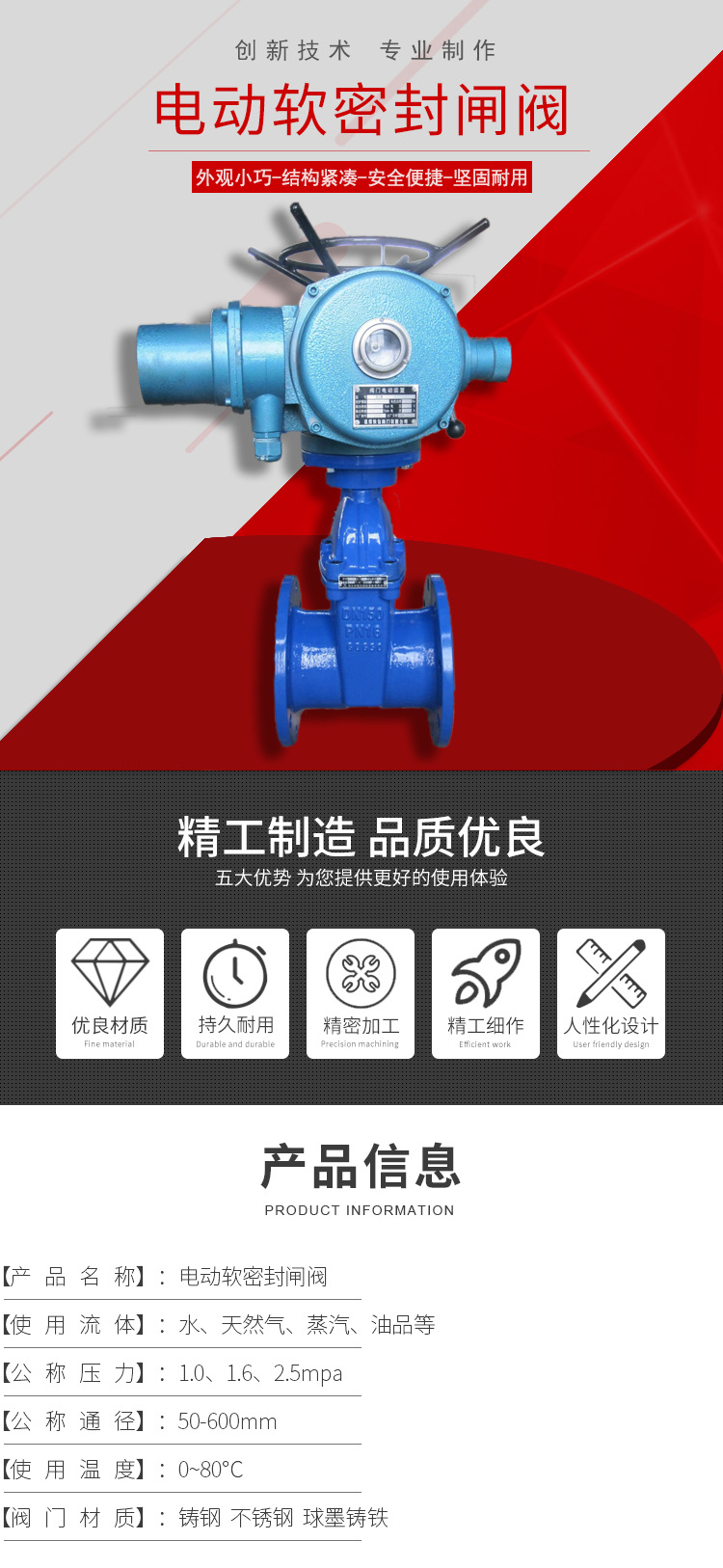 进口电动软密封闸阀 Z945X-10_16C_Q_P 暗杆弹性座封 电动法兰闸阀(图1)